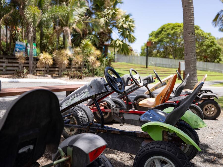 Una fila de karts de carrera estacionados en un área pavimentada, con palmeras y una cerca de madera al fondo.