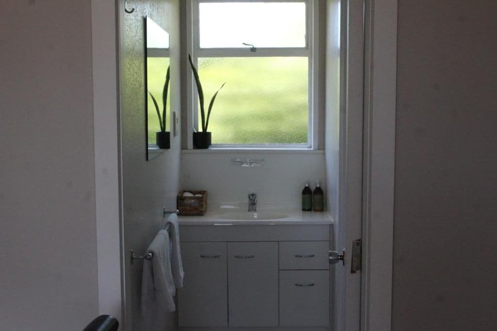 A bathroom with a window, a sink, and two potted plants.