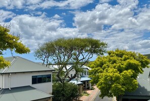 A residential area with houses, a large tree, and a clear sky.