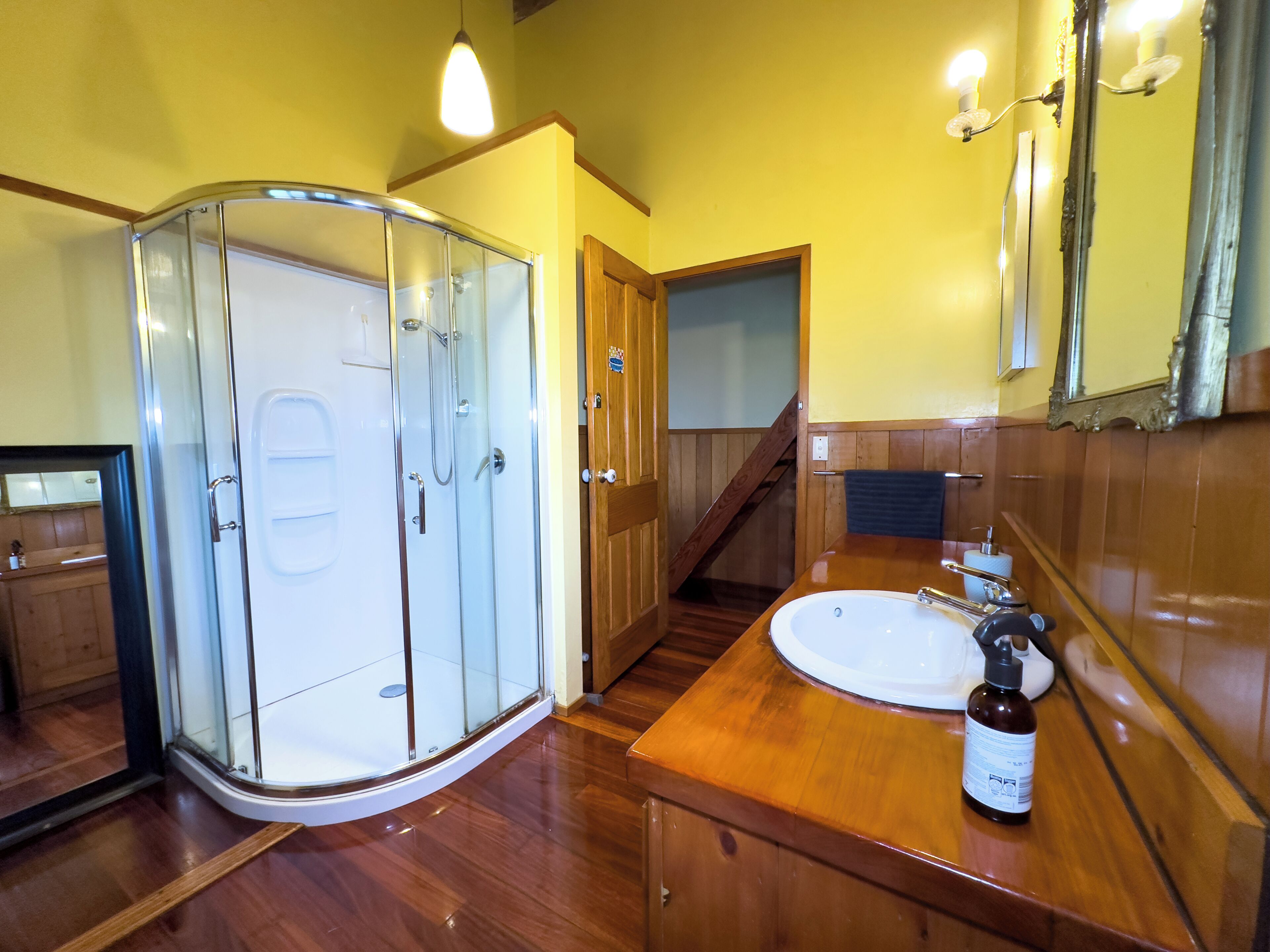 Une salle de bain avec une douche à parois de verre, un meuble-lavabo en bois et un miroir.