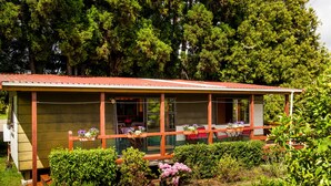 A wooden cabin with a porch, surrounded by lush greenery and trees. - Relax a Lodge (Kerikeri)