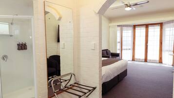 A bedroom with a bed, a shower, and a large window.