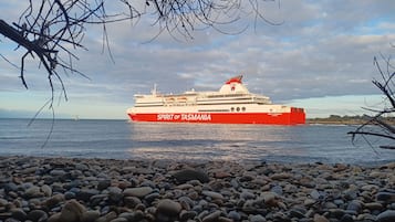 A cruise ship named 'Spirit of Tasmania' docked at a rocky shore with pebbles and sparse vegetation.