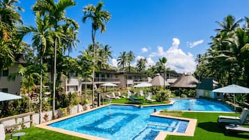 Outdoor pool, pool umbrellas, pool loungers