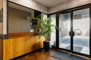 Una zona de recepción con mostrador de madera, una planta grande en maceta y un ventanal que da al exterior.