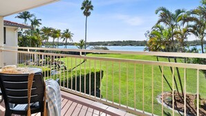 A balcony with a view of a lake and palm trees. - Cayman Quays (Noosaville)