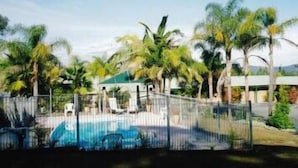A fenced swimming pool area with lounge chairs and palm trees. - Bulahdelah Myall Motel (Bulahdelah)