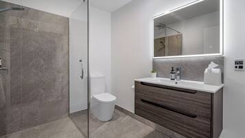 A modern bathroom with a glass shower enclosure, a white toilet, and a vanity with a mirror.