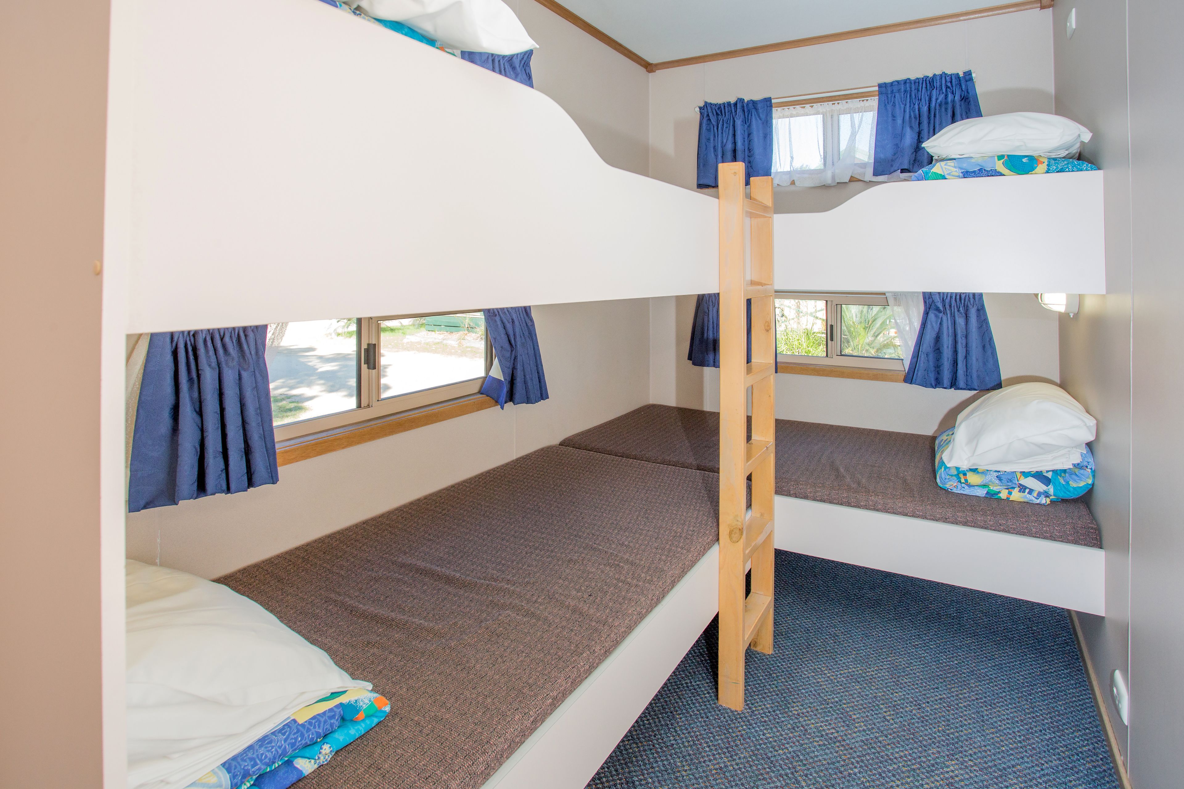A bunk bed room with two beds, a ladder, and windows with curtains.