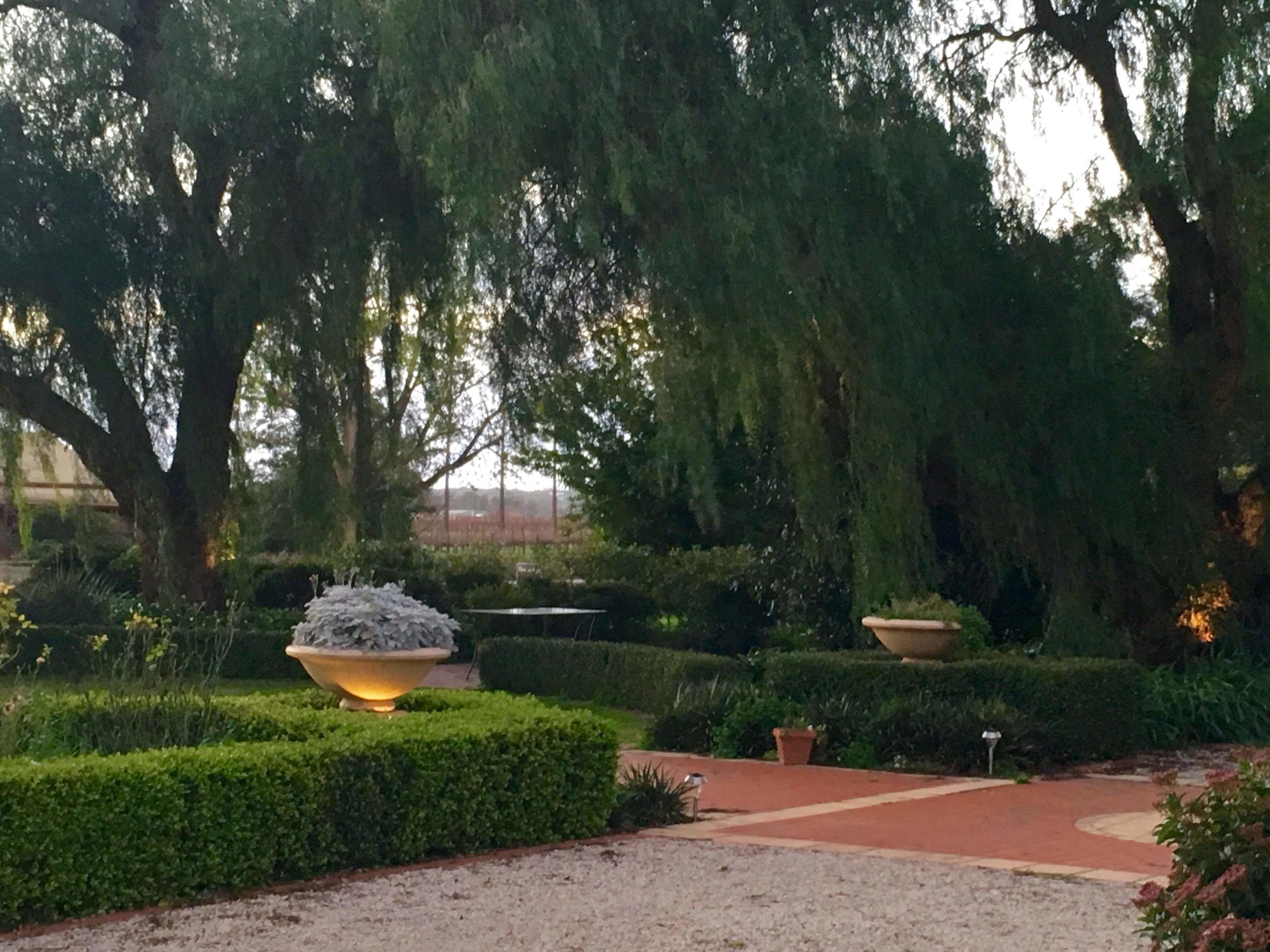 A garden with a gravel path, neatly trimmed hedges, and large planters.