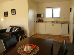 Fridge, microwave, stovetop, electric kettle