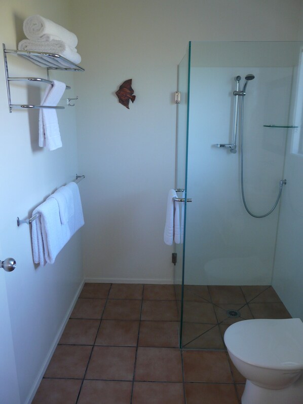 A bathroom with a glass-enclosed shower, a toilet, and towel racks with folded towels.