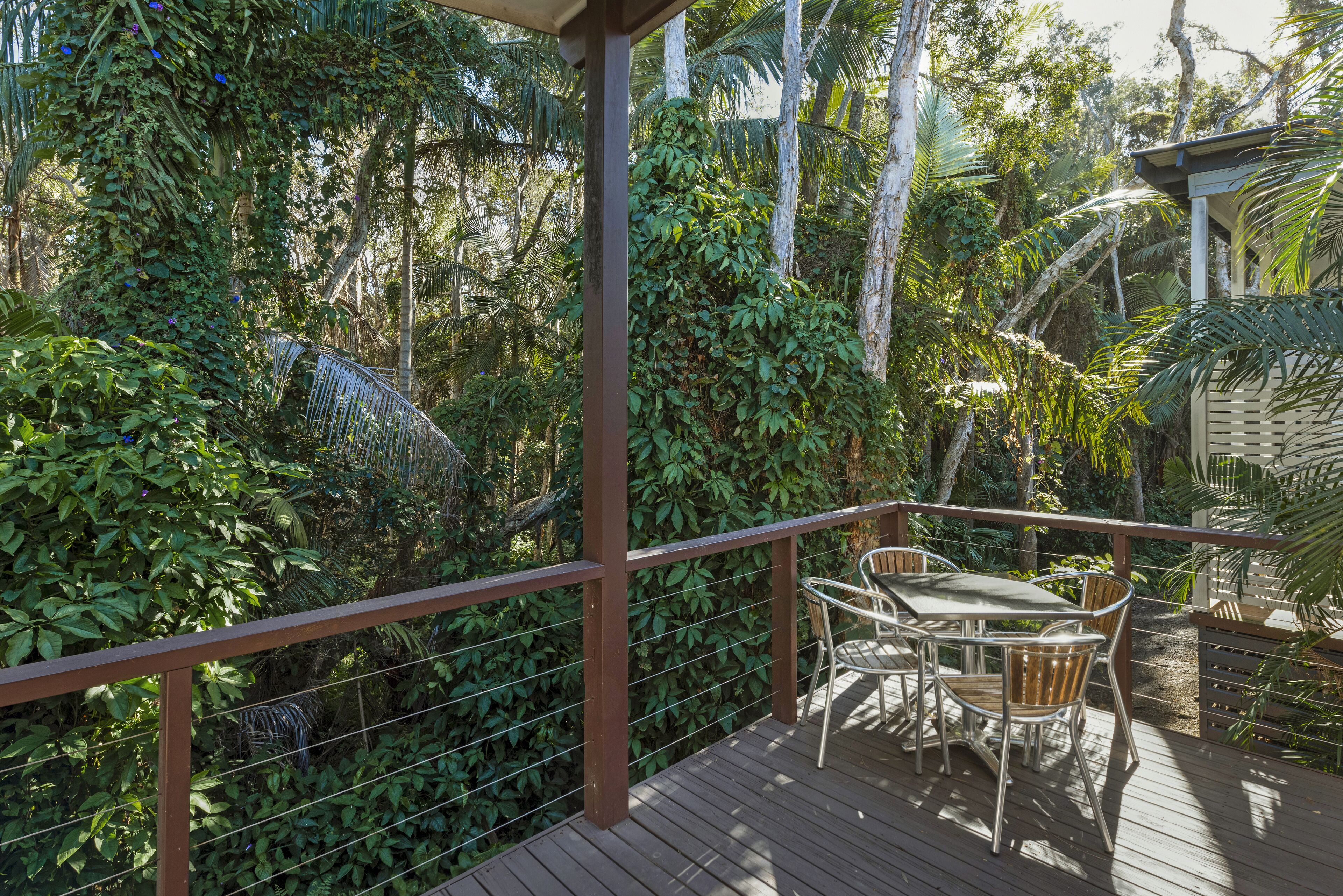 Una terraza de madera con una mesa y sillas, rodeada de exuberante follaje tropical.