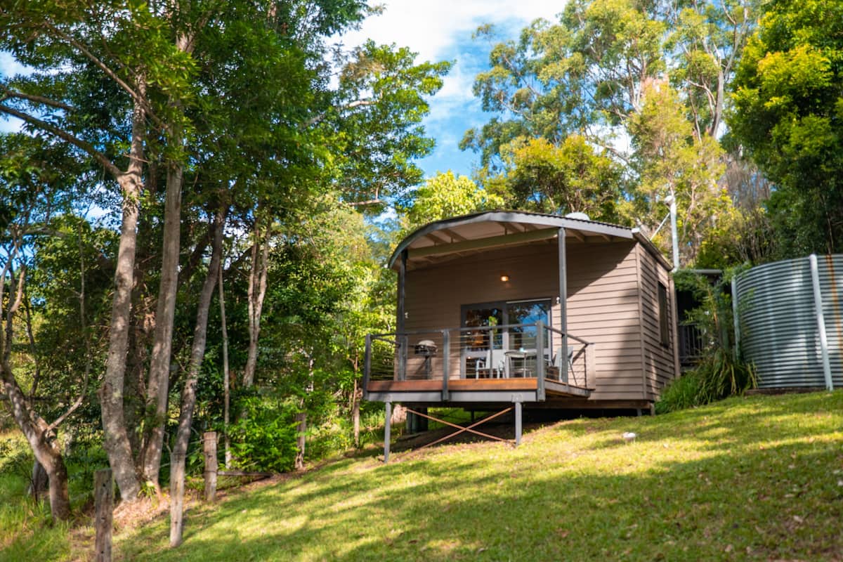 A wooden cabin with a deck, surrounded by trees.