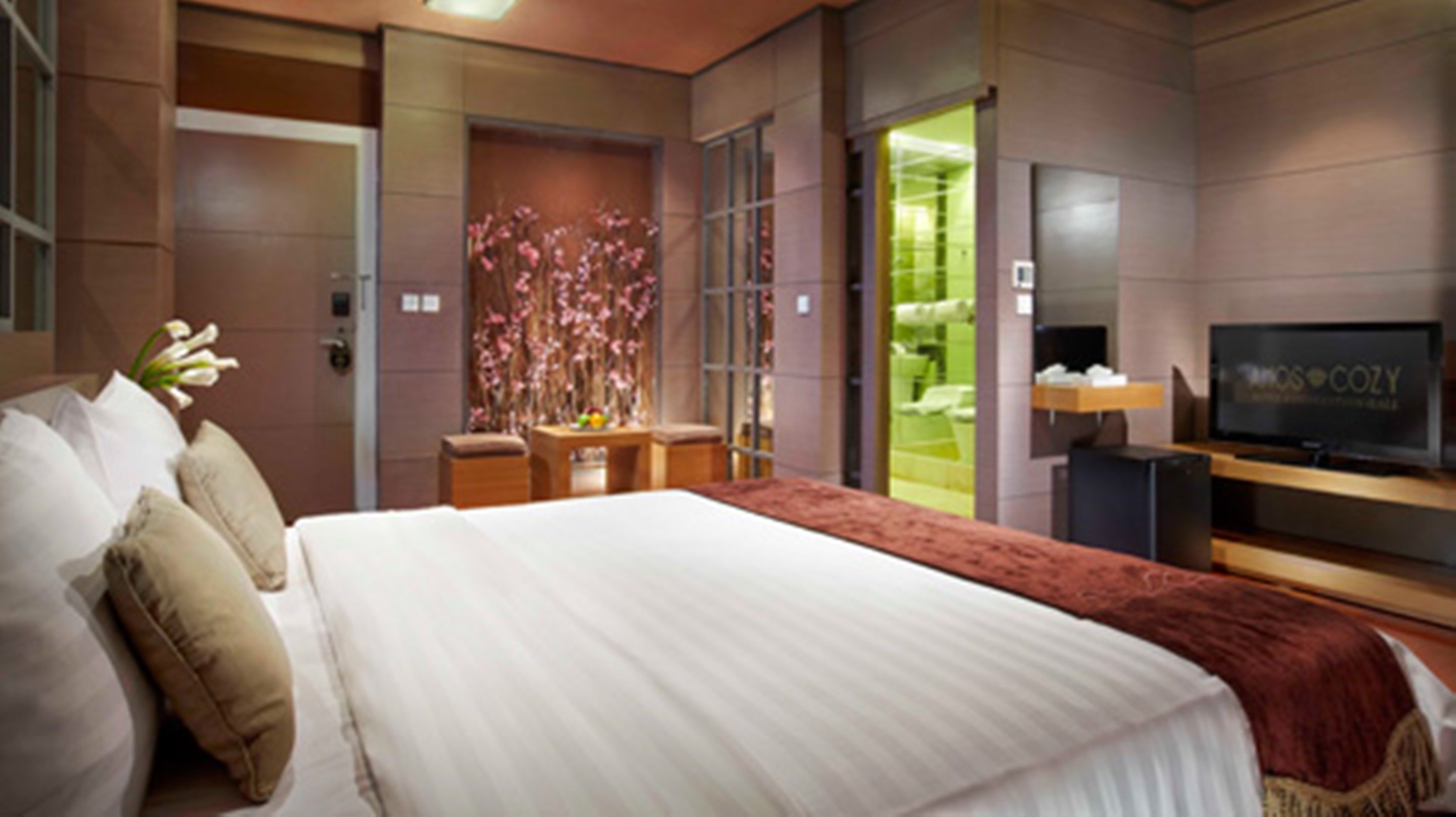 A modern hotel room with a large bed, a television, and a view of the outside.