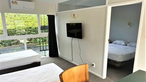 Une chambre avec deux lits, un téléviseur fixé au mur et une fenêtre donnant sur un espace verdoyant.