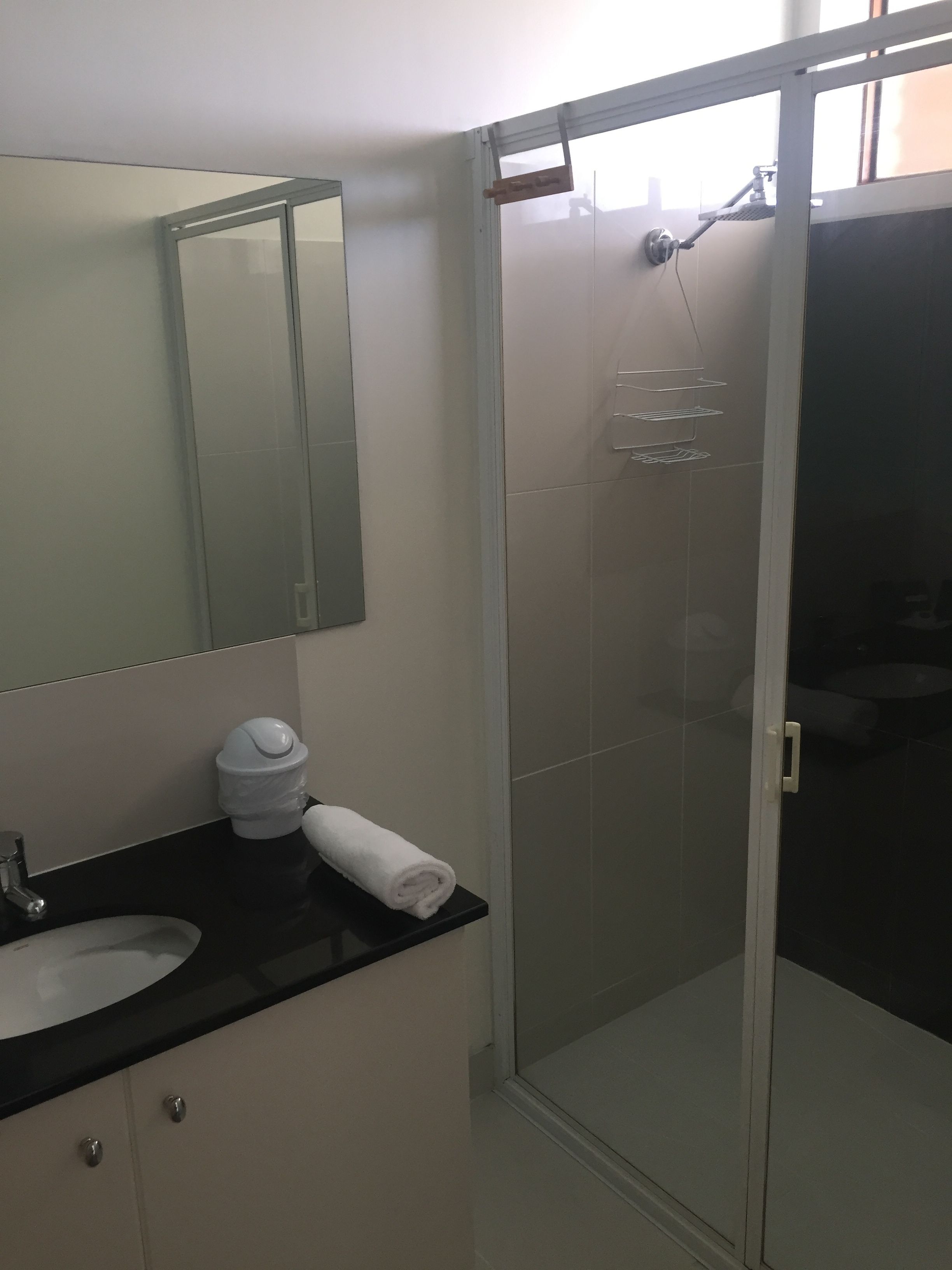 A bathroom with a sink, mirror, and a glass shower enclosure.
