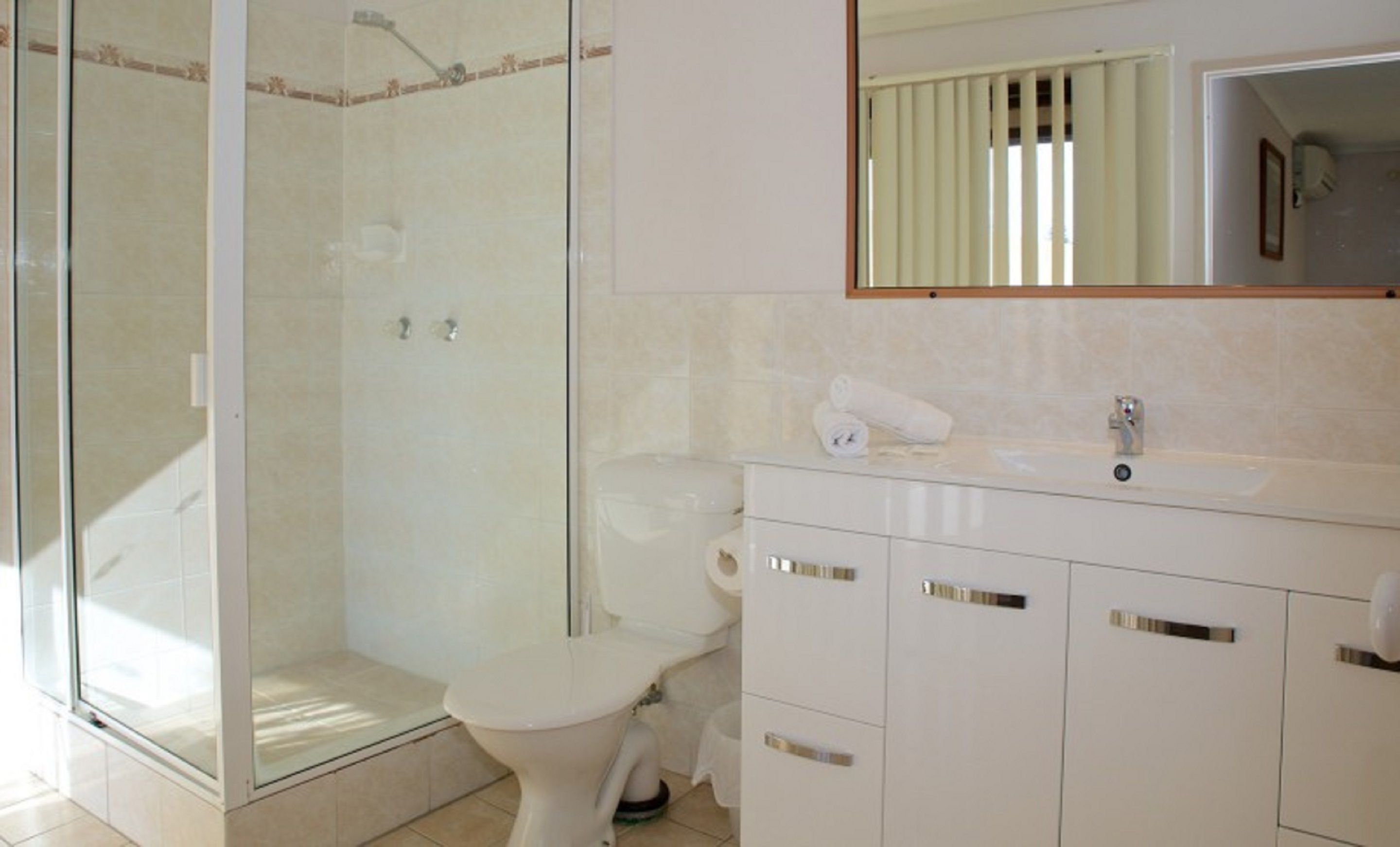 A modern bathroom with a glass shower enclosure, a toilet, and a vanity with cabinets.