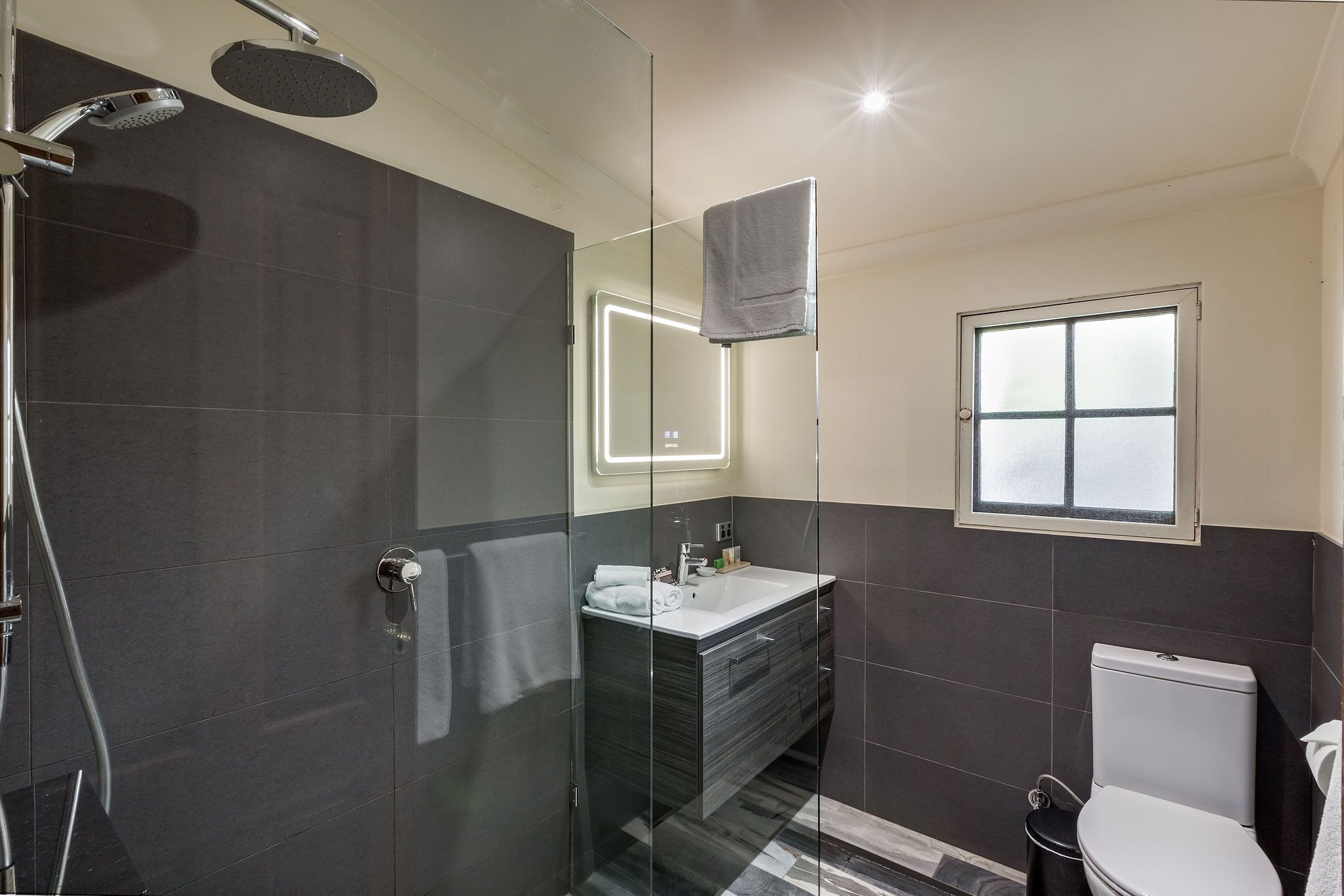A modern bathroom with a glass-enclosed shower, a vanity with a mirror, and a toilet.