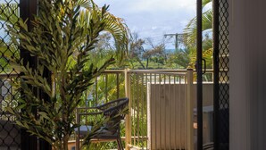 A balcony with a view of the sea, a chair, and a potted plant. - Kalua Holiday Apartments (Maroochydore)