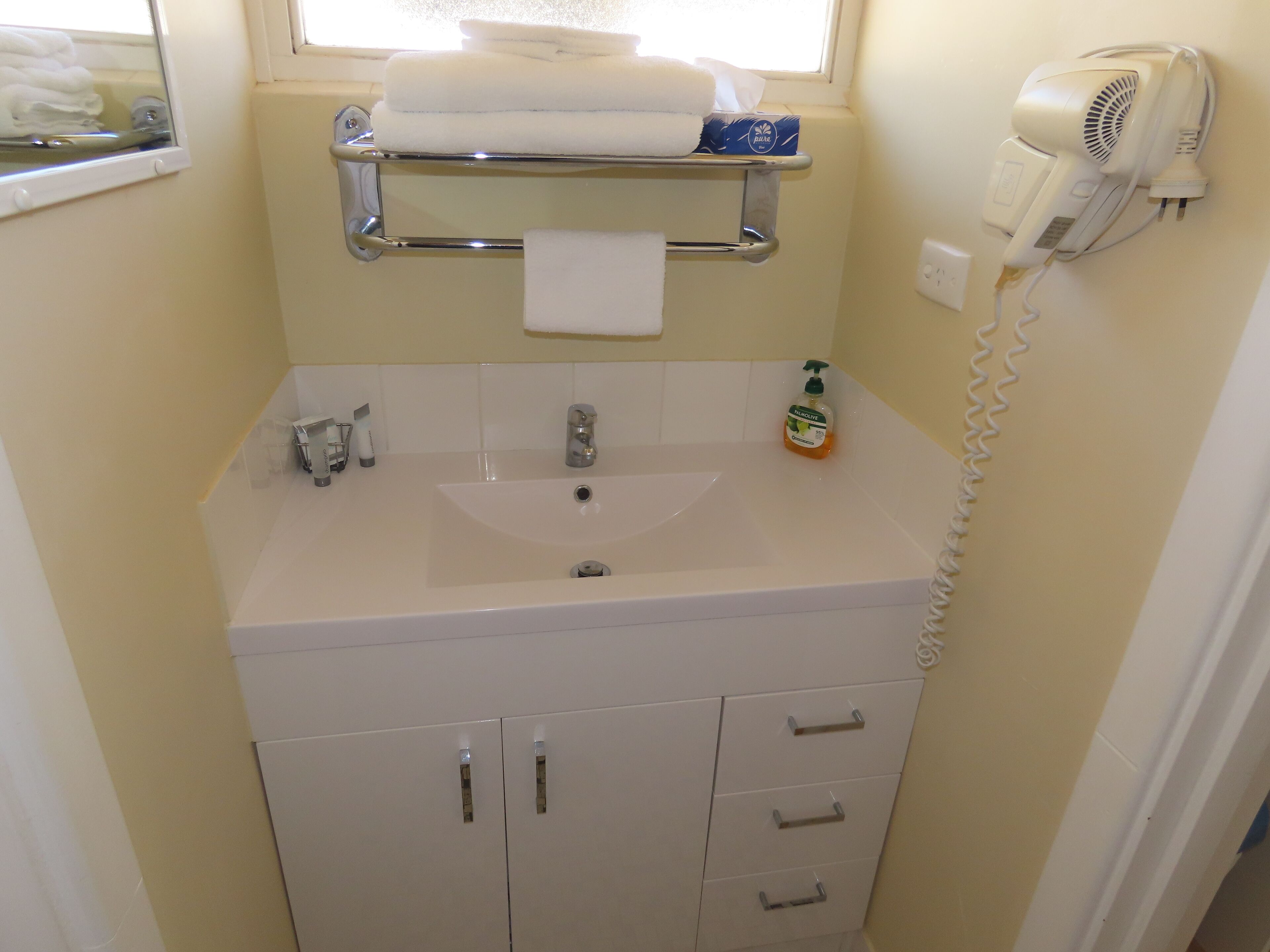 A bathroom with a sink, a towel rack, a hairdryer, and a bottle of soap.