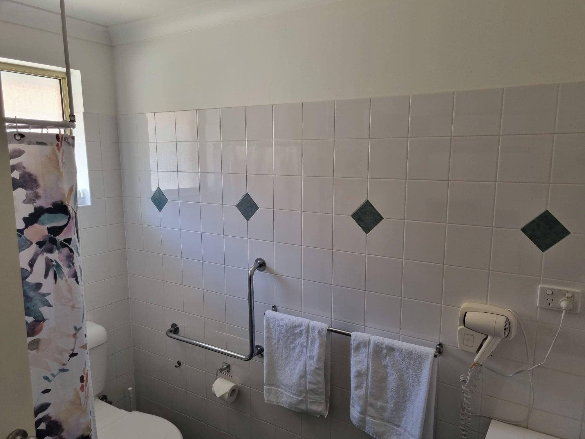 A bathroom with a shower, toilet, and a hairdryer on the wall.