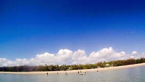 A beach with people paddleboarding, a clear sky, and a line of trees in the background. - Villa Marine Holiday Apartments (Yorkeys Knob)