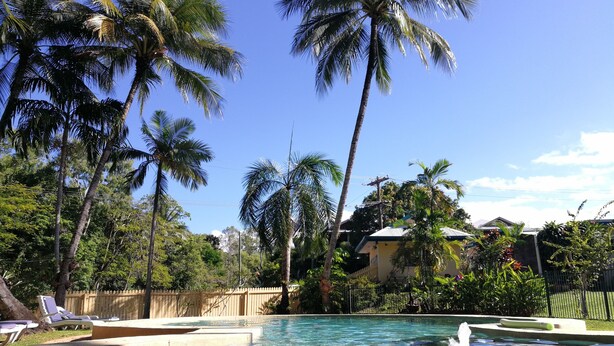 A swimming pool with clear water, surrounded by palm trees and a fence. - Villa Marine Holiday Apartments (Yorkeys Knob)