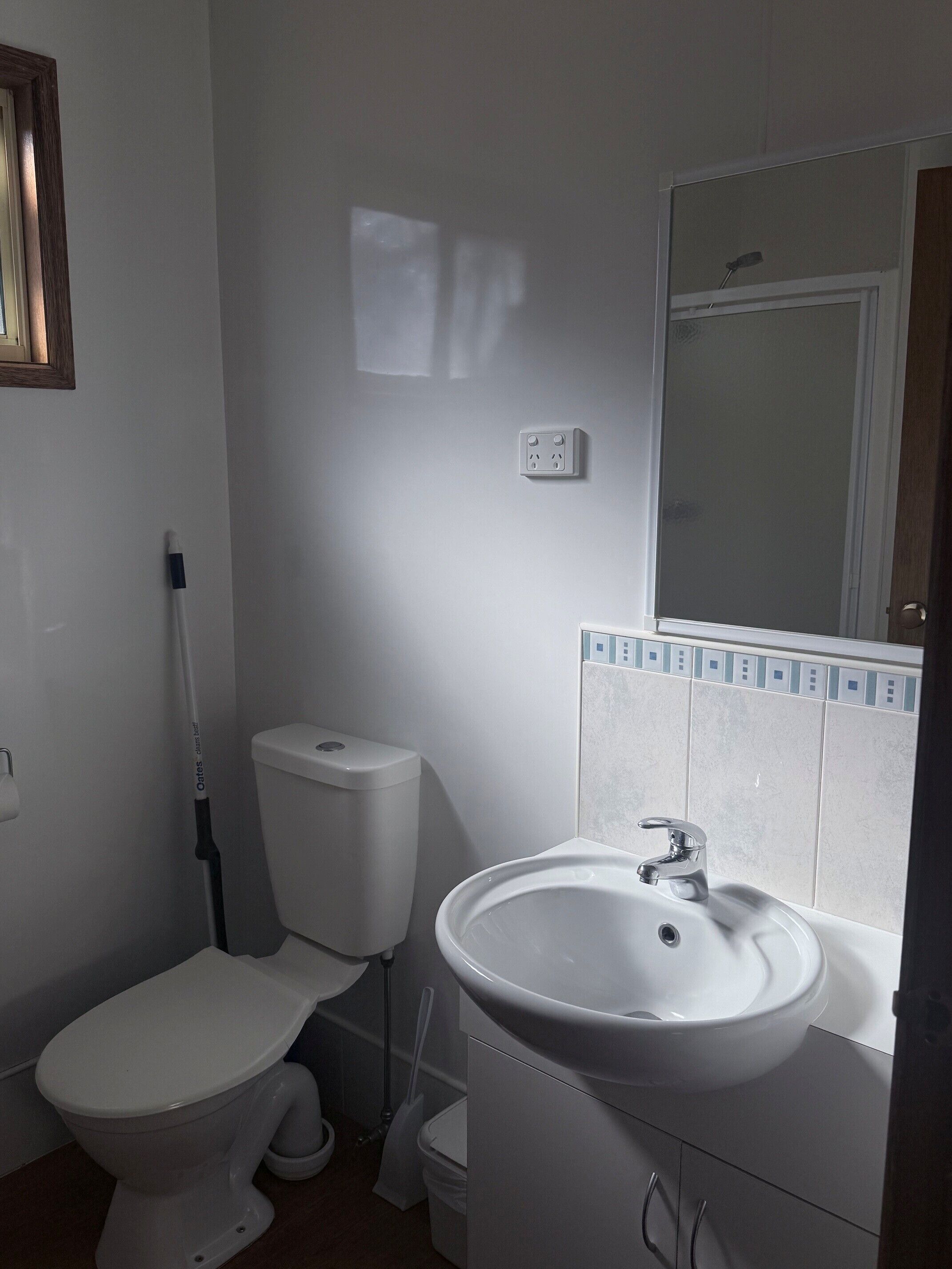 Un baño con inodoro, lavamanos y espejo.