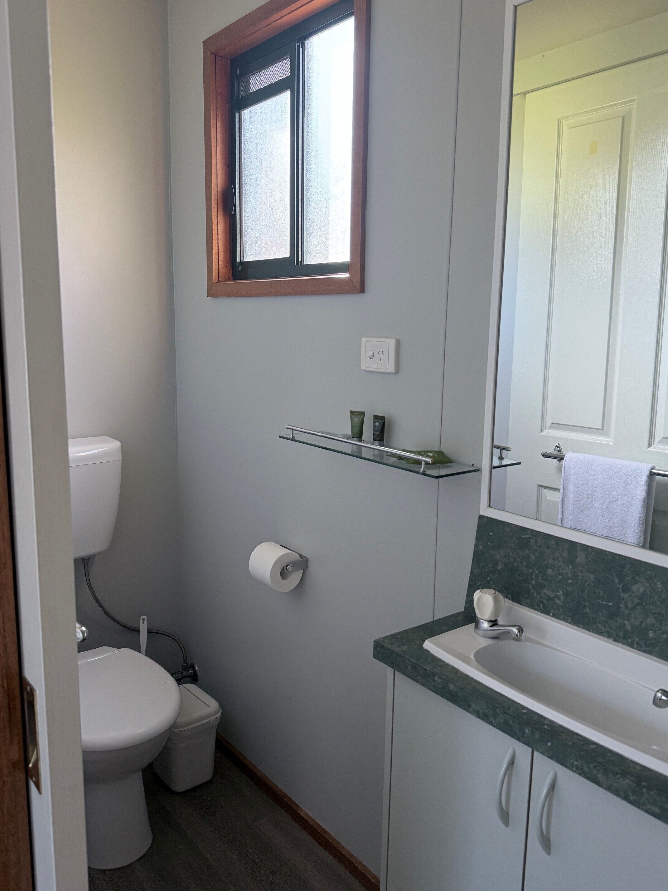 Un baño con inodoro, rollo de papel higiénico, estante con artículos de tocador, espejo y lavamanos.