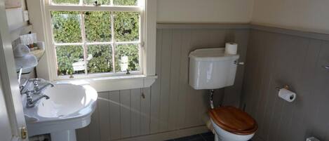 Un baño con lavamanos blanco, inodoro de madera y ventana con vistas a la vegetación.