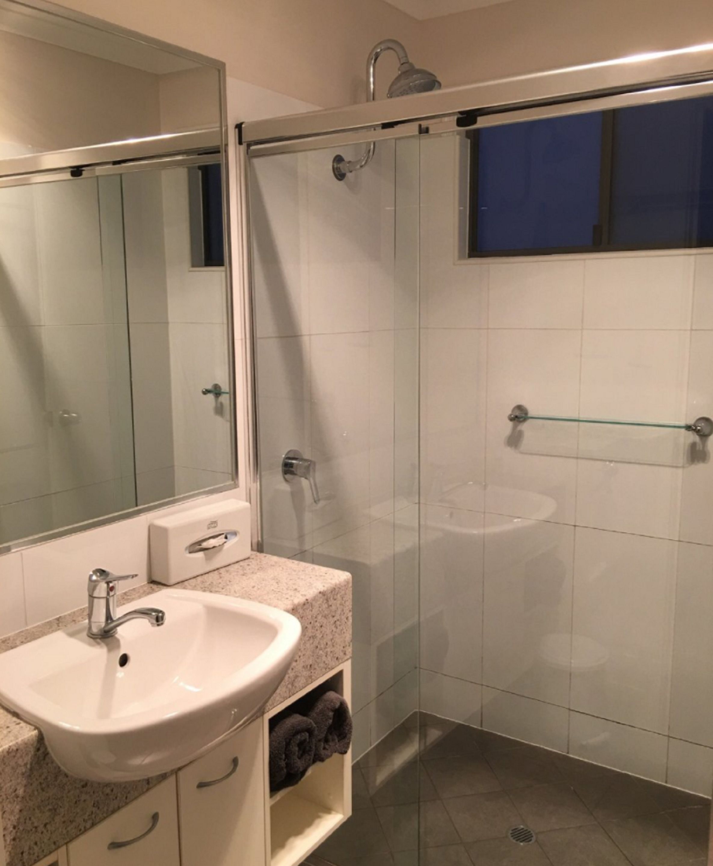Shower, free toiletries, hair dryer, towels