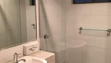 Shower, free toiletries, hair dryer, towels