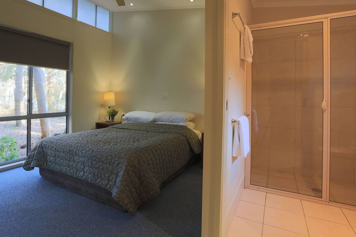 Une chambre avec une grande fenêtre, un lit, une table de chevet, une lampe et un espace douche.