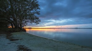 A beach with a calm lake, trees, and a sunset. - NRMA Myall Shores Holiday Park (Bombah Point)