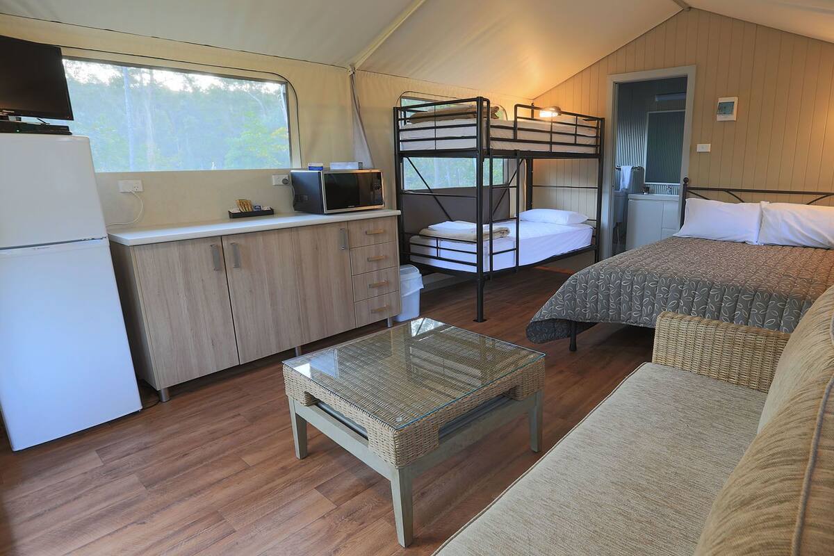 Une chambre compacte avec des lits superposés, un coin cuisine et un petit espace salon.