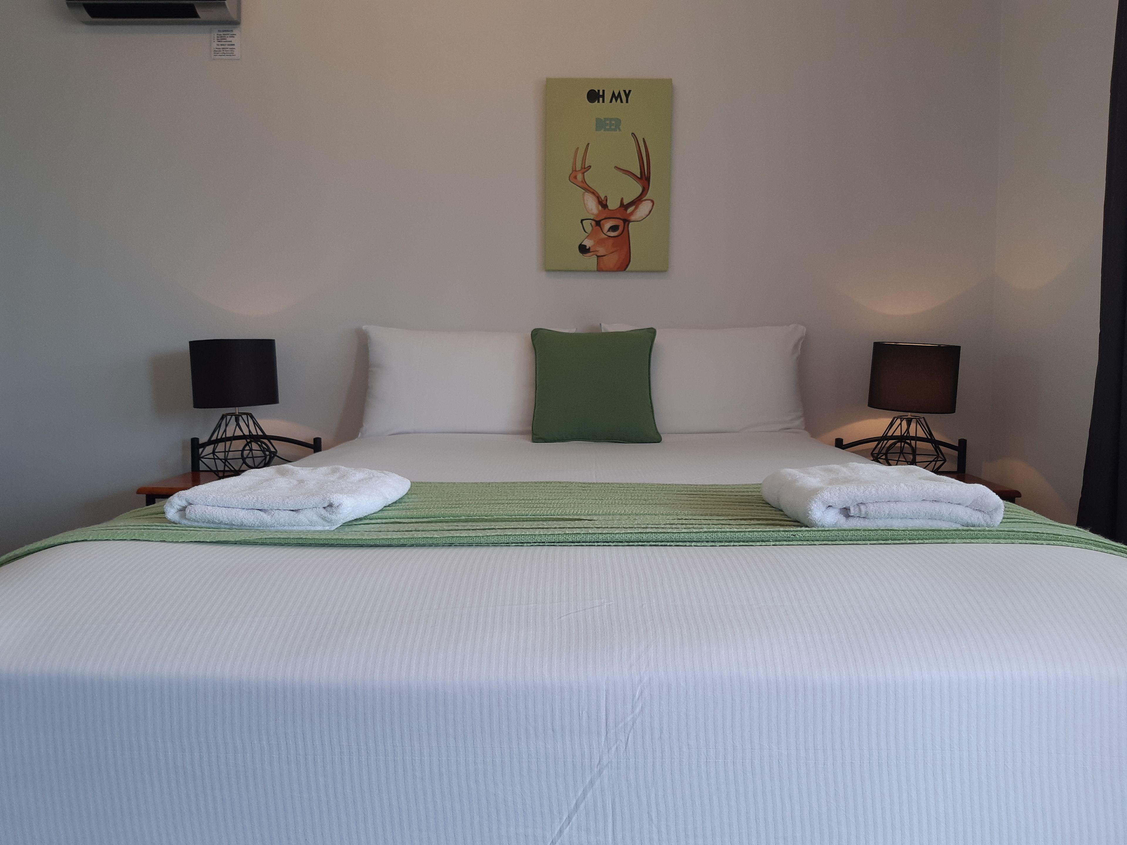 A hotel room with a bed, two nightstands, two lamps, a green pillow, and a wall art of a deer.