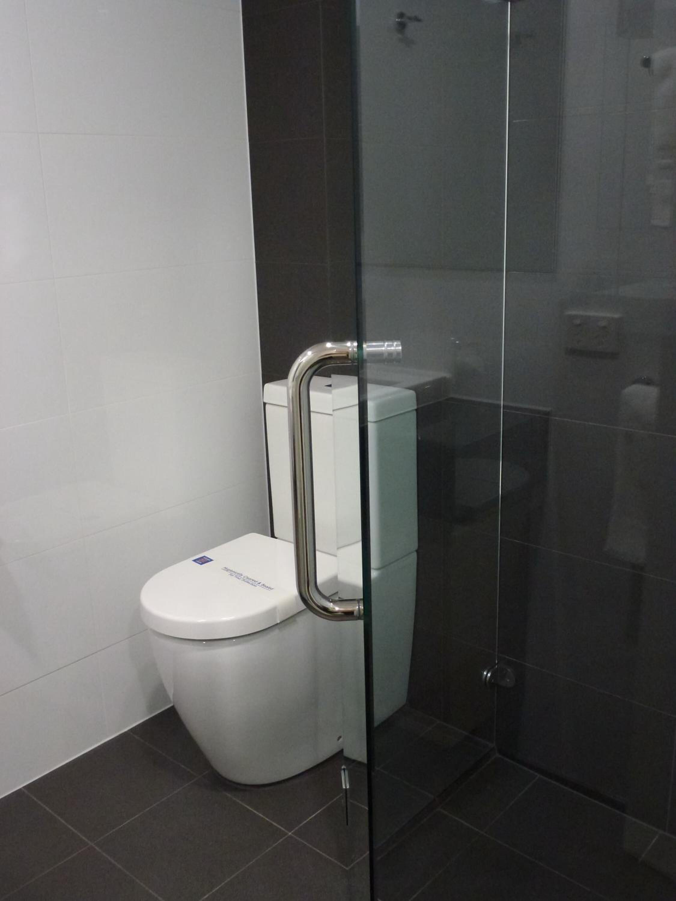A modern bathroom with a white toilet, a glass shower enclosure, and dark tiled flooring.