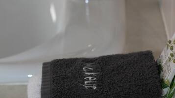 Shower, free toiletries, hair dryer, towels