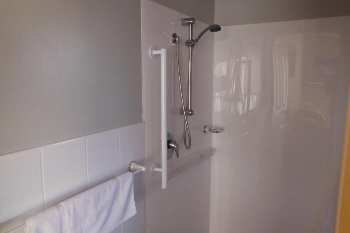 Shower, free toiletries, hair dryer, towels