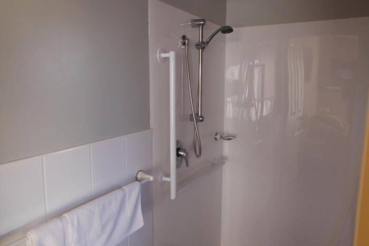 Shower, free toiletries, hair dryer, towels