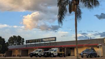Guests can enjoy a meal at MOTELS Olive Restaurant, surrounded by a palm tree and a brick building with a flat roof.