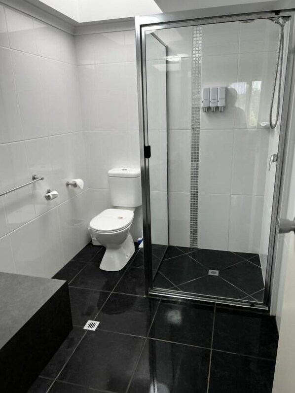 A modern bathroom with a glass-enclosed shower, a toilet, and a black tiled floor.