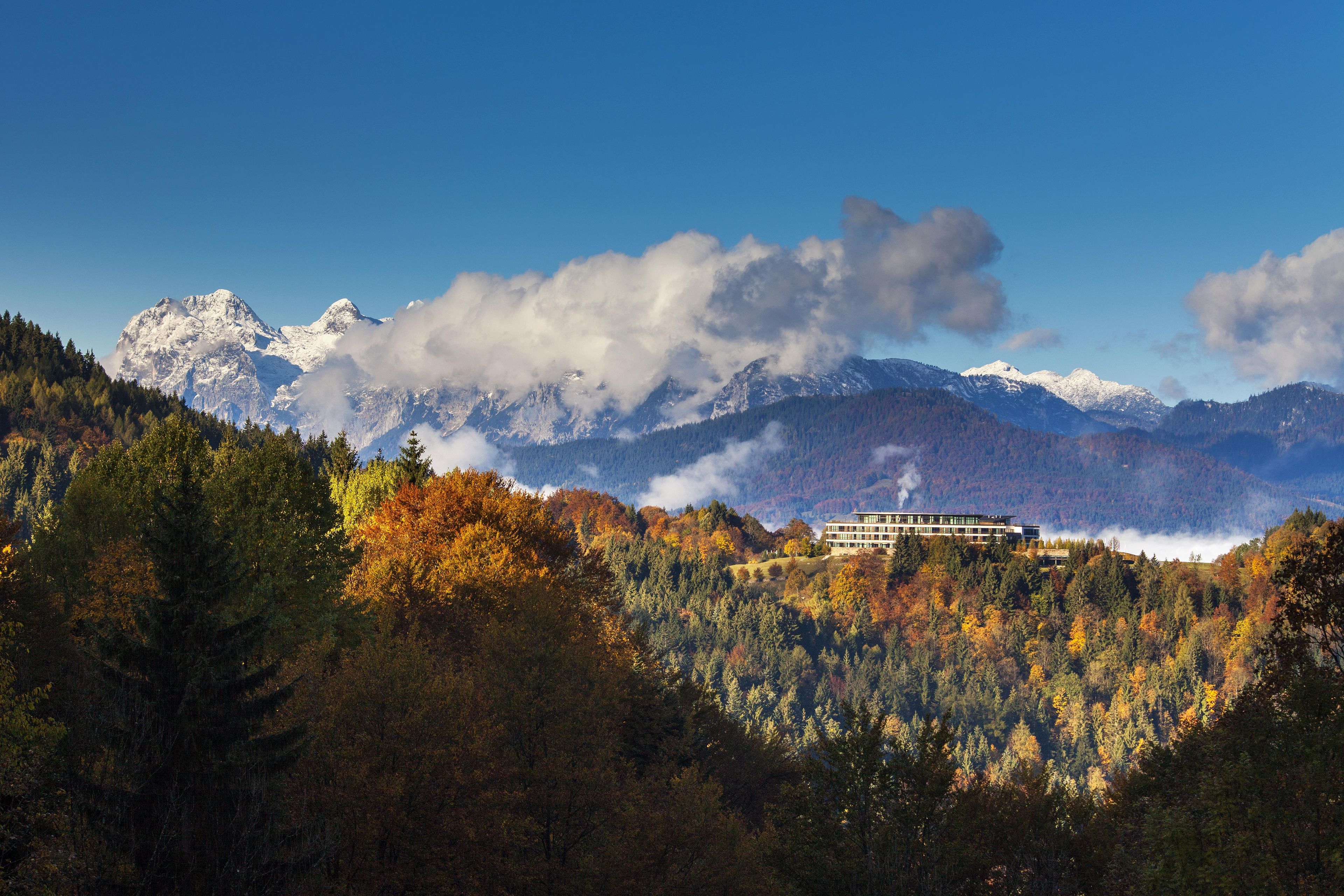 Ein Hotel eingebettet in ein bewaldetes Tal mit Blick auf die Berge.