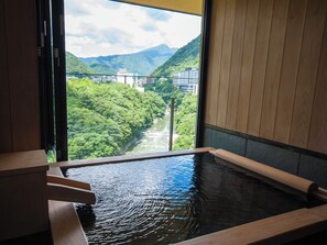 A hot spring bath with a view of a river and mountains. - Kinugawa Kanaya Hotel (Nikko)