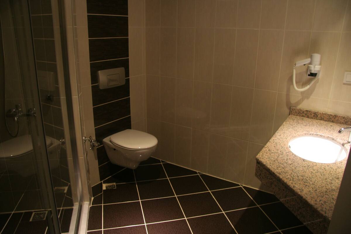 Shower, free toiletries, hair dryer