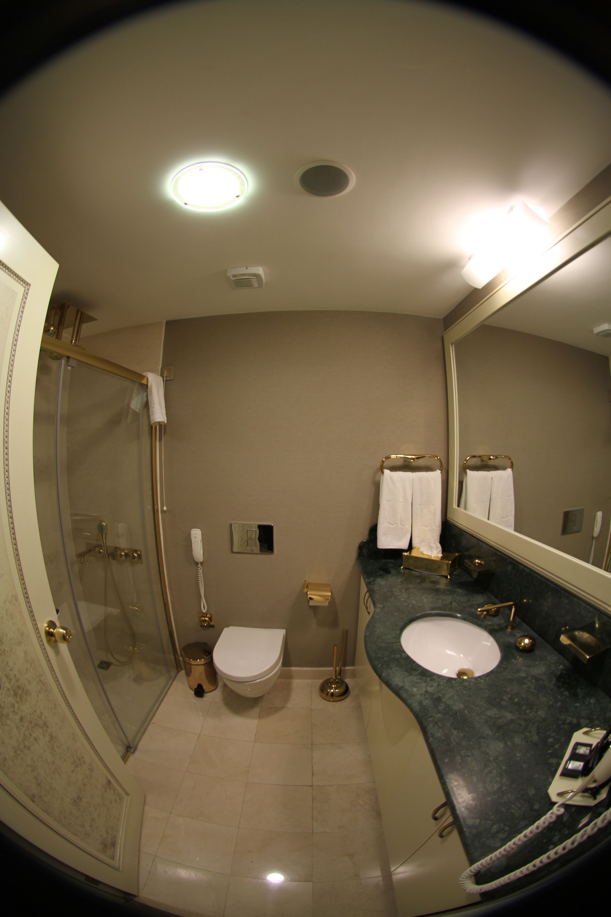 A bathroom with a glass-enclosed shower, a toilet, a sink, and a large mirror.