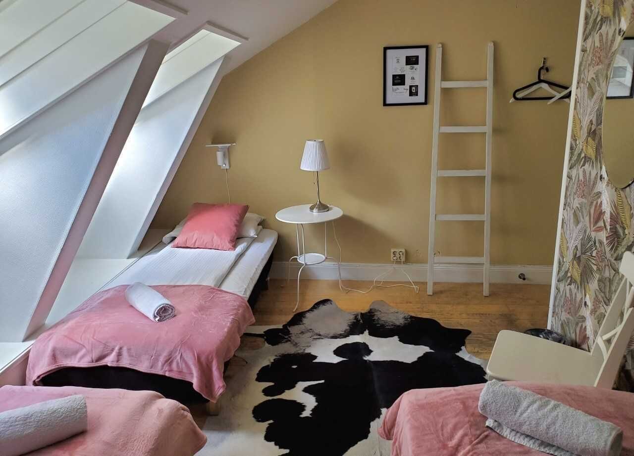 A bedroom with two beds, a small round table, a ladder, and a cowhide rug.