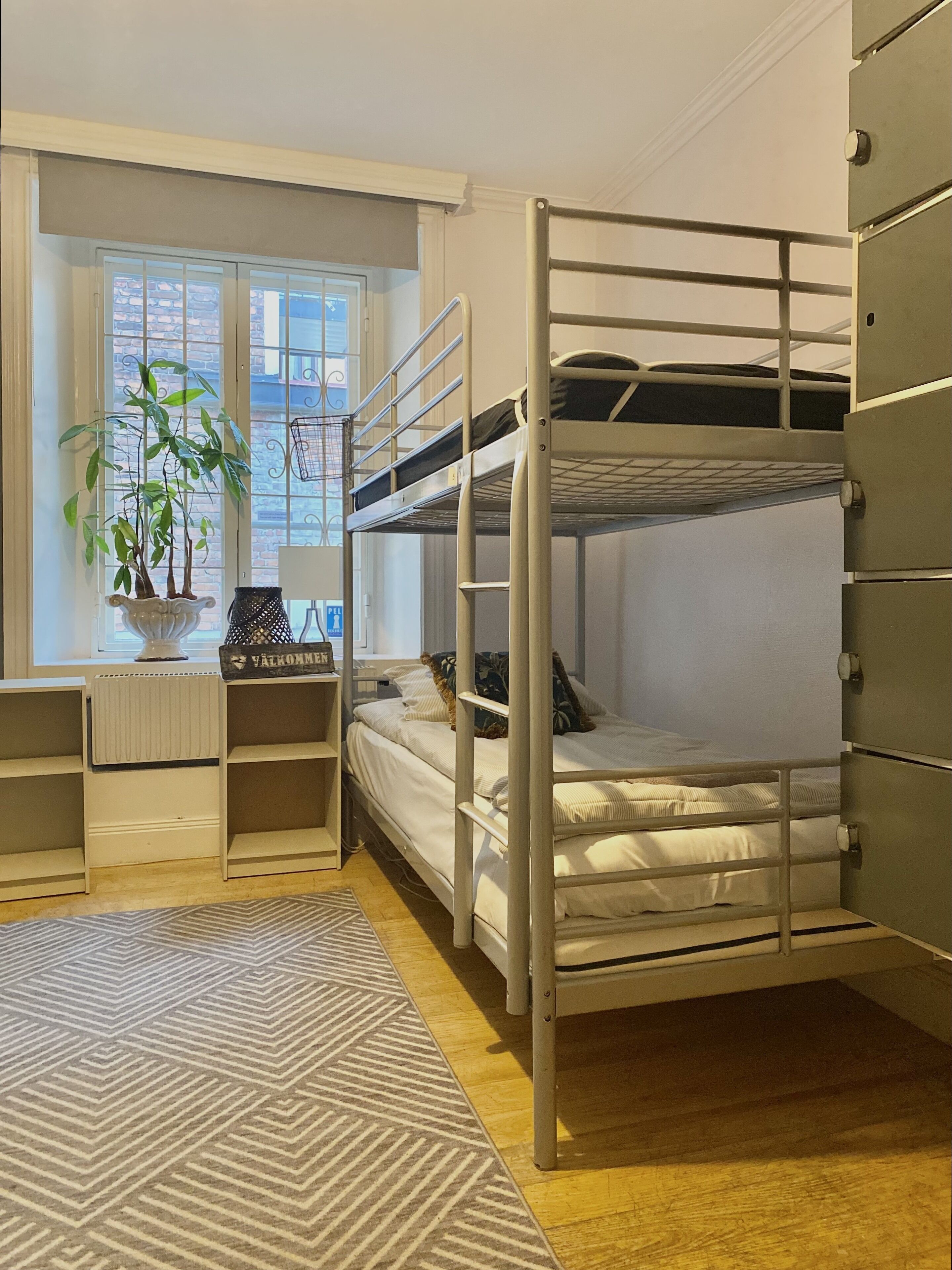 A bunk bed room with a radiator, a potted plant, and a window with a view.