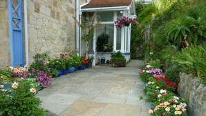 A stone pathway leading to a house with a blue door, surrounded by potted plants and flowers.